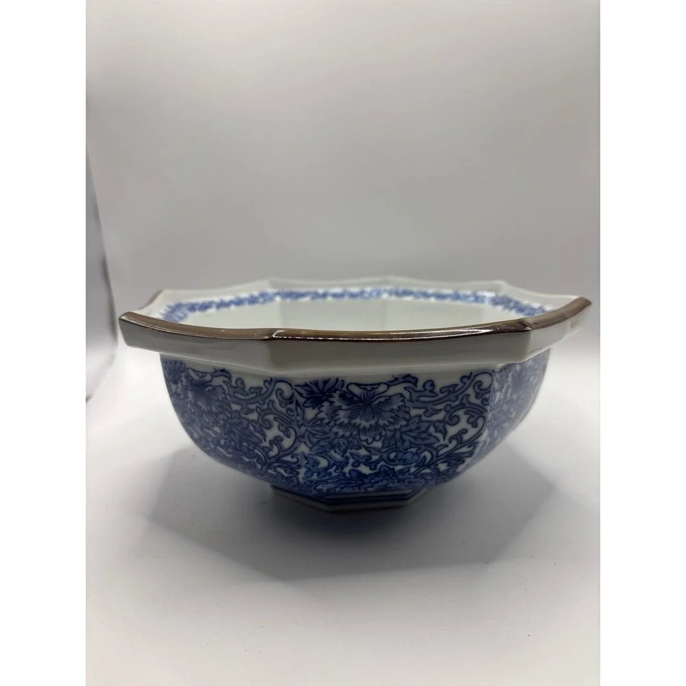 Vintage Japanese Blue and White Octagonal Porcelain Floral Bowl chinoiserie